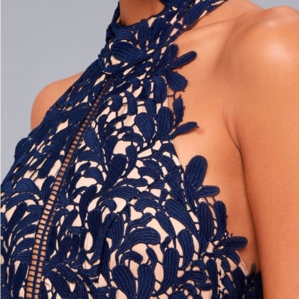 Lulus Divine Destiny Navy Blue Lace Halter Backless Midi Dress Size Large Sexy - Picture 2 of 16